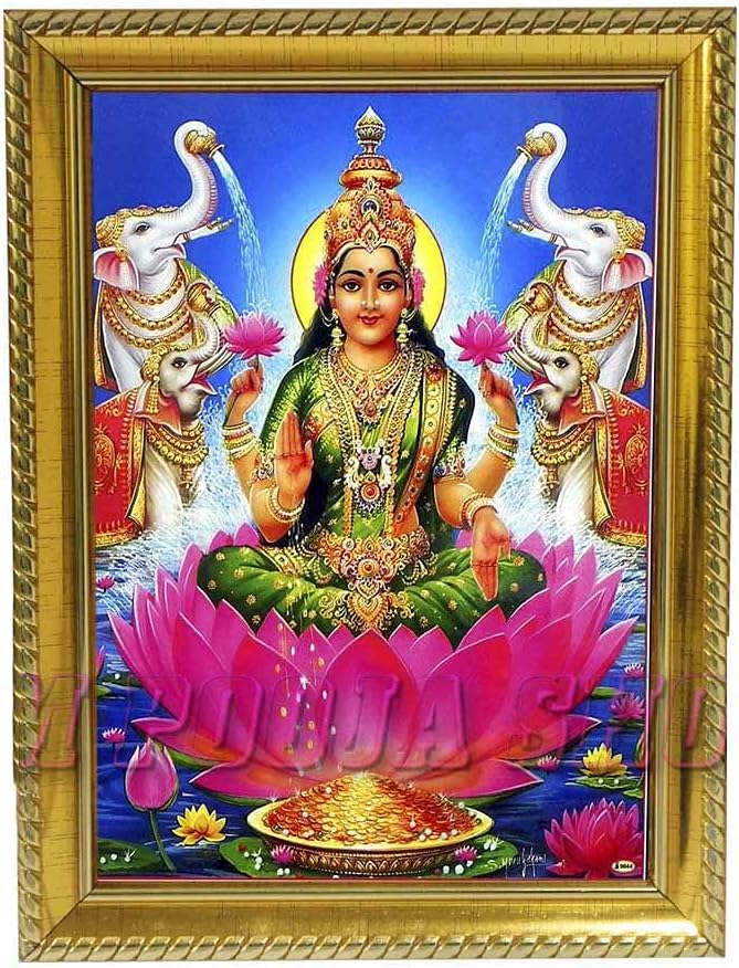OM POOJA SHOP Gajalakshmi Photo in Wooden Frame (6 x 8-Inches; Yellow)