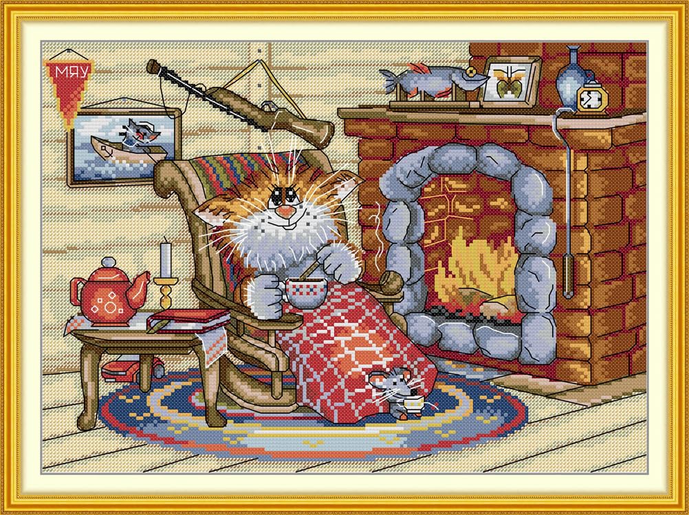 Meecaa Cross Stitch Kits 14 Count Stamped, Afternoon Tea Cat Fireplace Coffee Embroidery Kit with Accessories Pre Printed（40×30CM (Afternoon Tea)