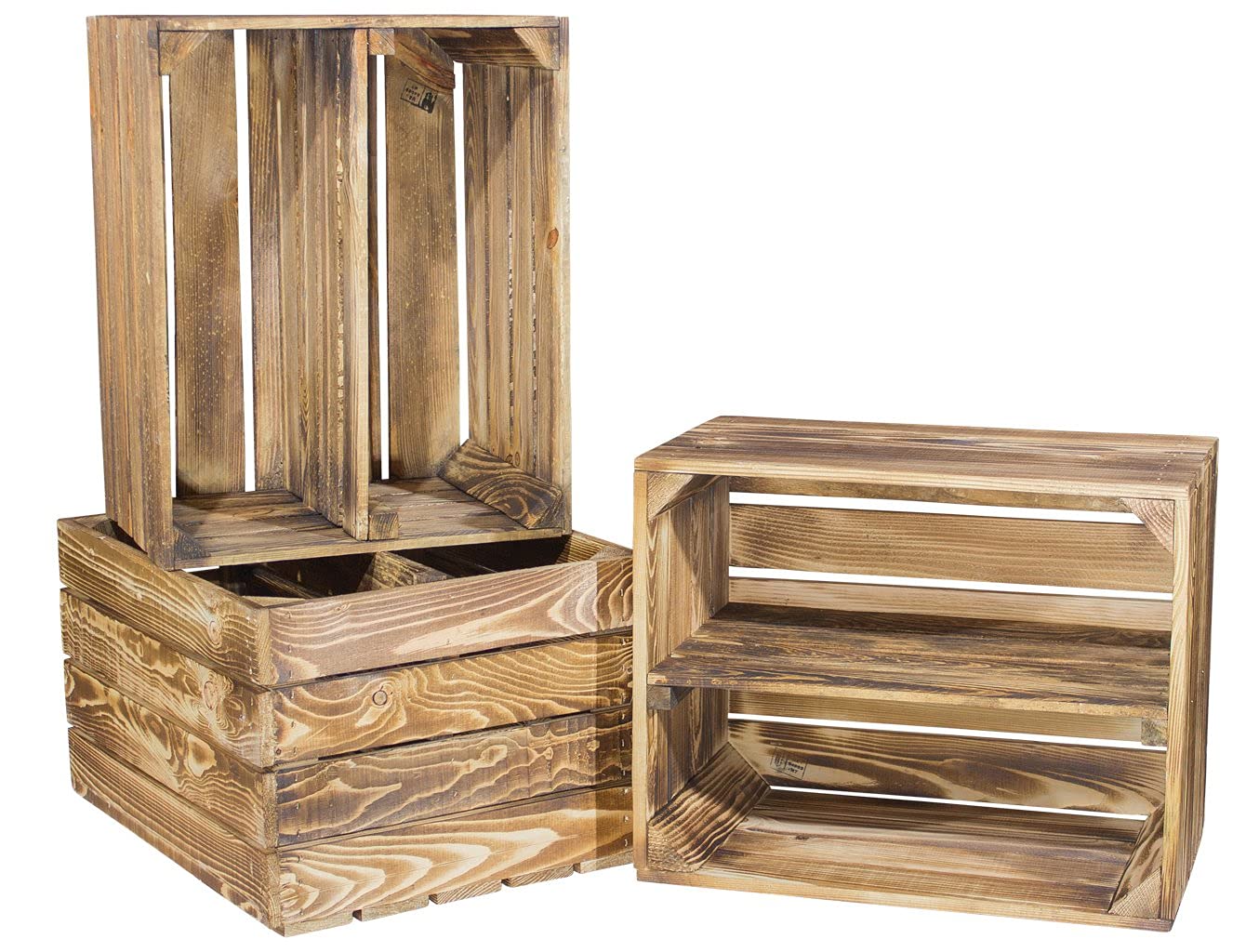 8 geflammte Kisten für Bücherregal - flambierte Apfelkiste / Obstkiste als Schuhregal - Kistenregal Regalkiste Obstkistenregal Regal Wandregal aus Holz - dunkel rustikal neu 50x40x30cm