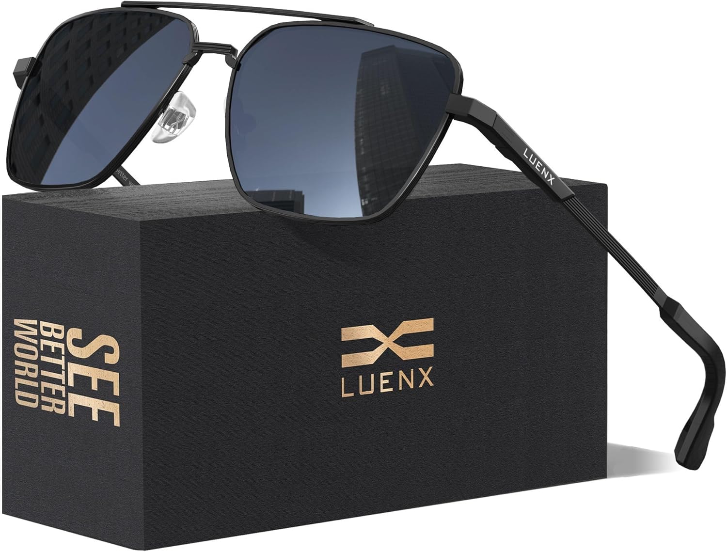 LUENX Mens Women Polarized Sunglasses Aviator, Square Polygon Lens Driving UV 400 Protection With Accessories 58mm Small