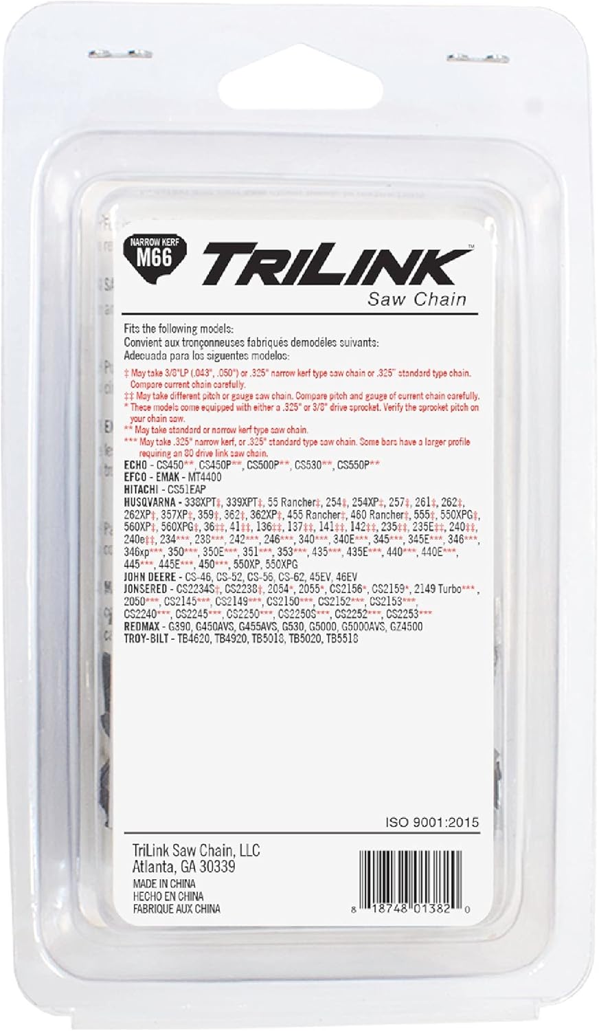TriLink CL25066NKTL2 .325 LP .050 Gauge 66 Drive Links 16 in. Chainsaw Chain Compatible with/Replacement for Jonsered CS2234S, CS2238, Solo 651, 651SP, 652, Efco-Emak MT4400 G66-95VP, Black