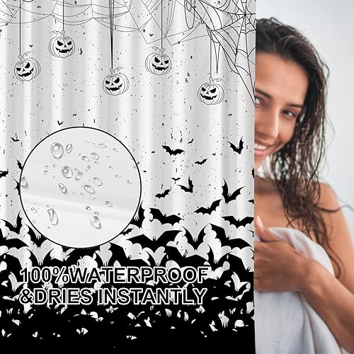 Miniatura 6 de Cortina de ducha de Halloween, cortina de ducha de murciélago aterrador con 12 ganchos, cortinas de ducha de calabaza de terror de Halloween para