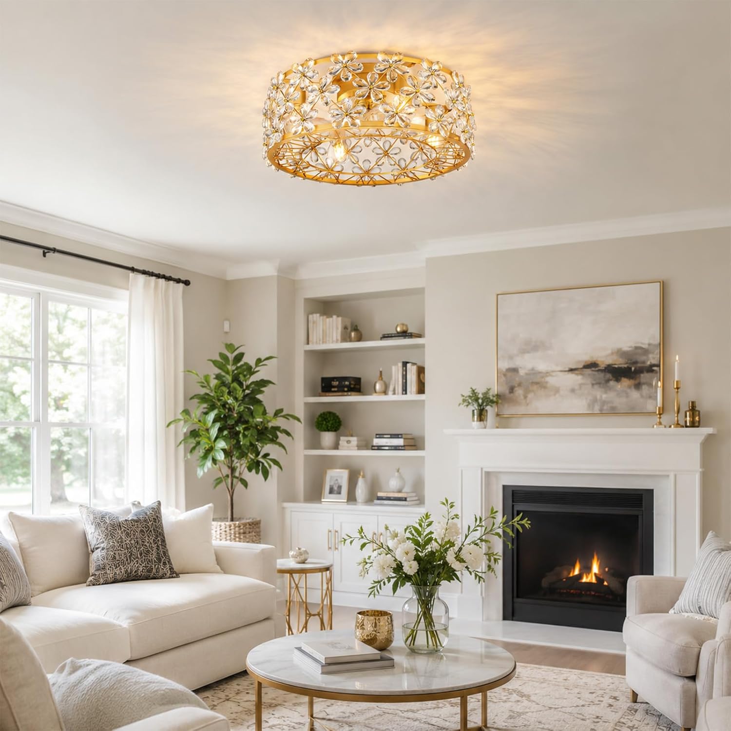 Gold Flower Fandelier Ceiling Fan with Light and Remote, 18 Inch Crystal Chandelier Fan, Flush Mount Ceiling Fan for Bedroom, Girls Room, Kitchen, Living Room