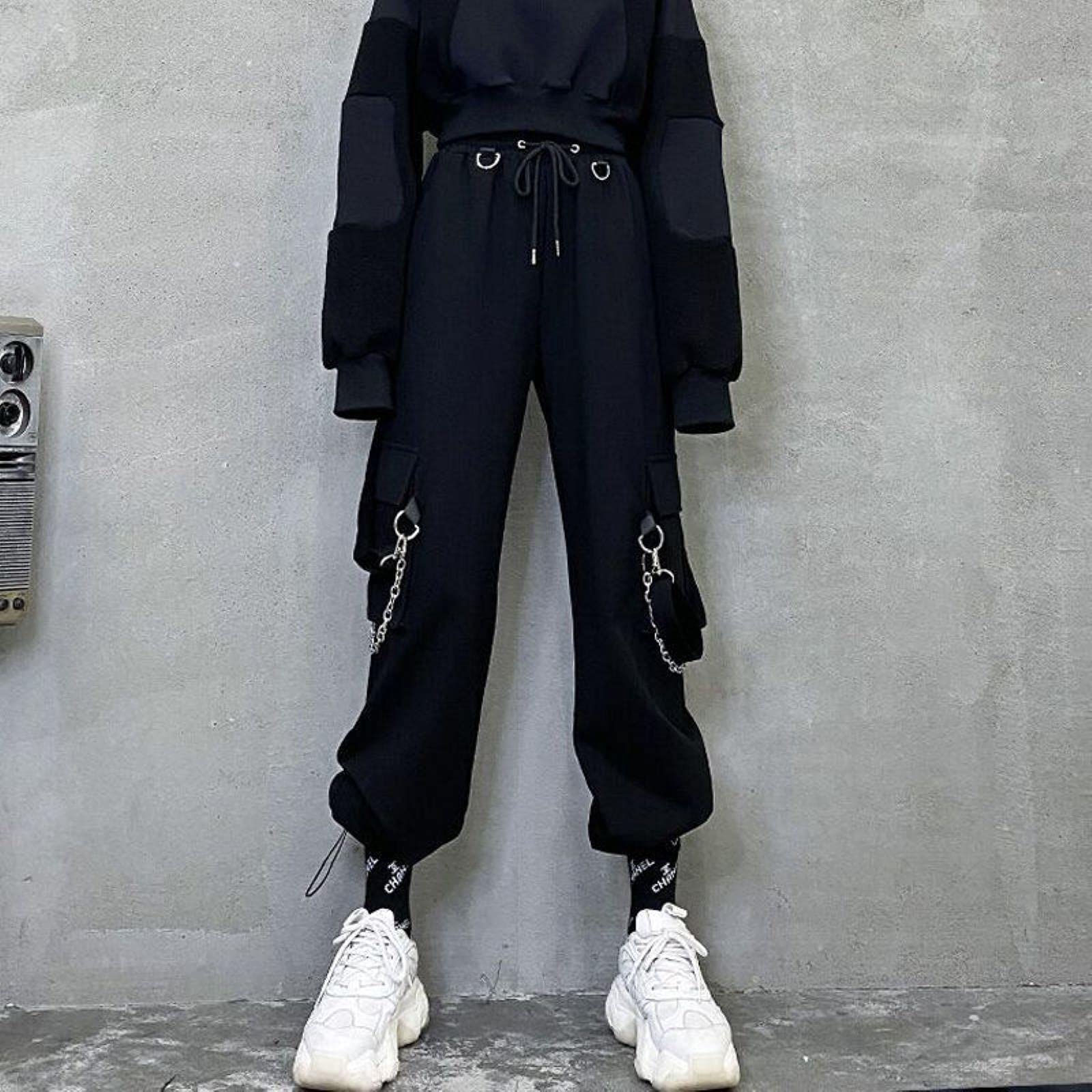 ZXCK Punk Oversized Cargo Pants Women Gothic Streetwear Black