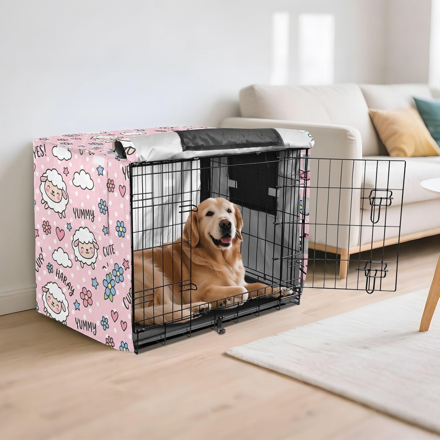 Duty 600D Silver Coated Dog Crate Cover, Water-Resistant Sheep Print Pet Kennel Canopy with Mesh Windows for Optimal Ventilation, Universal Fit for Standard Wire Cage, Indoor & Travel