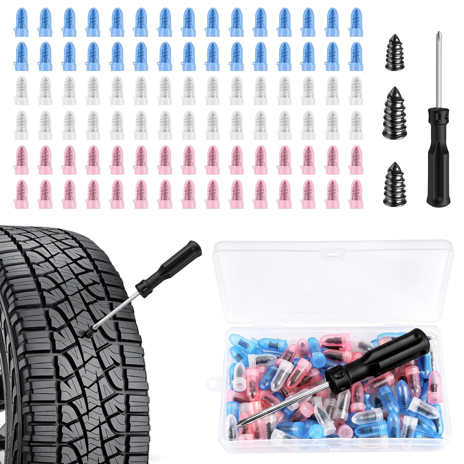 90pcs Screw in Tire Plugs Kit, 3 Sizes Car Tyre Plugs, with Storage Box