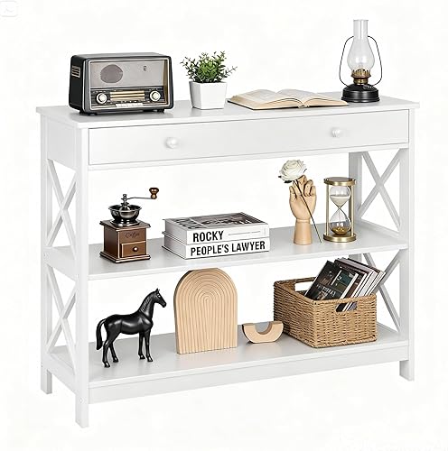 Miniatura 9 de SUPER DEAL Mesa consola estrecha de 39.5 pulgadas, mesa de entrada de 3 niveles, mesa auxiliar con cajón y estantes de almacenamiento para pasillo,