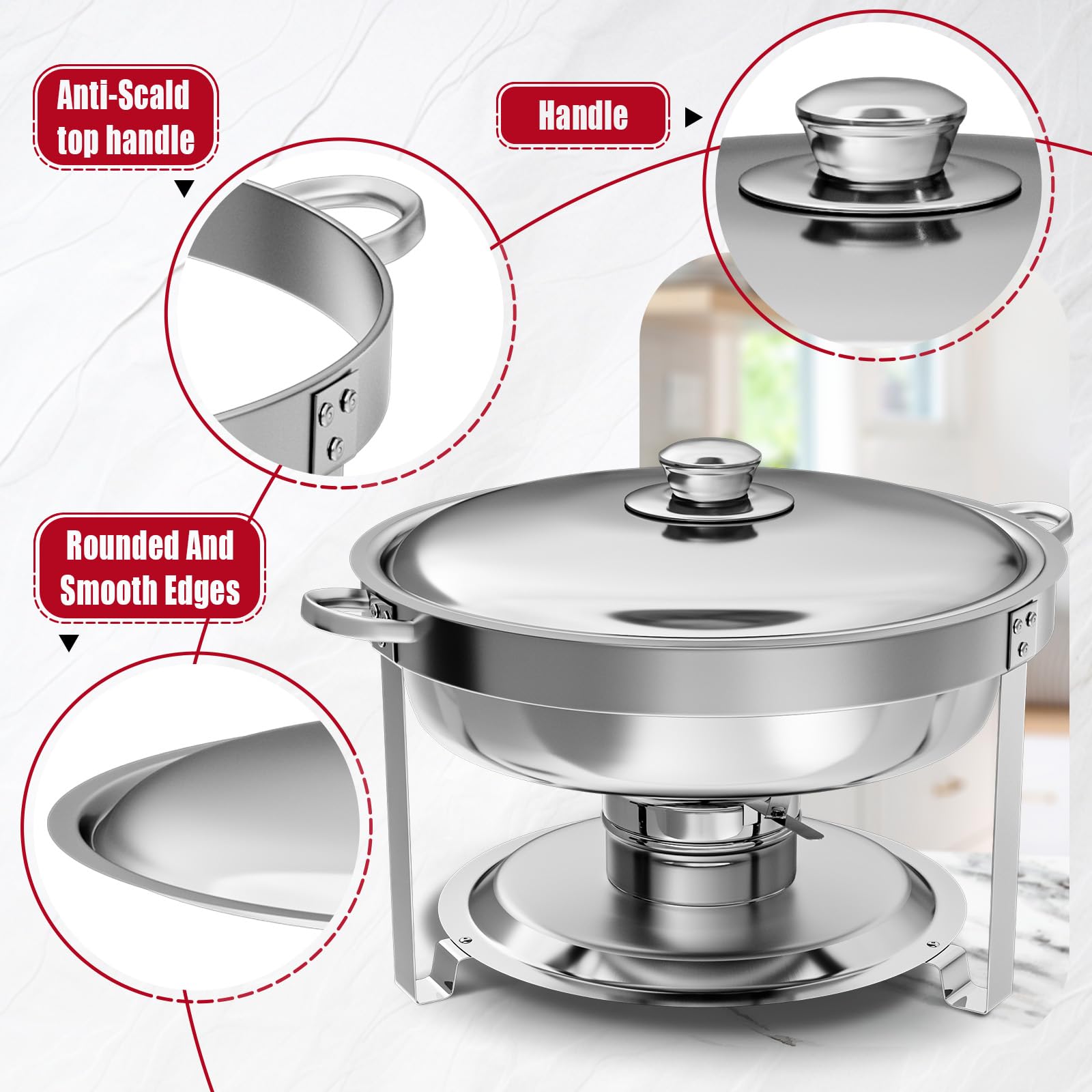 IMACONE Juego de 2 platos de rozaduras, rectangulares de 8 cuartos y redondos de acero inoxidable de 5 cuartos de galón para catering, chafers y calentadores de bufé con bandeja de alimentos y agua,