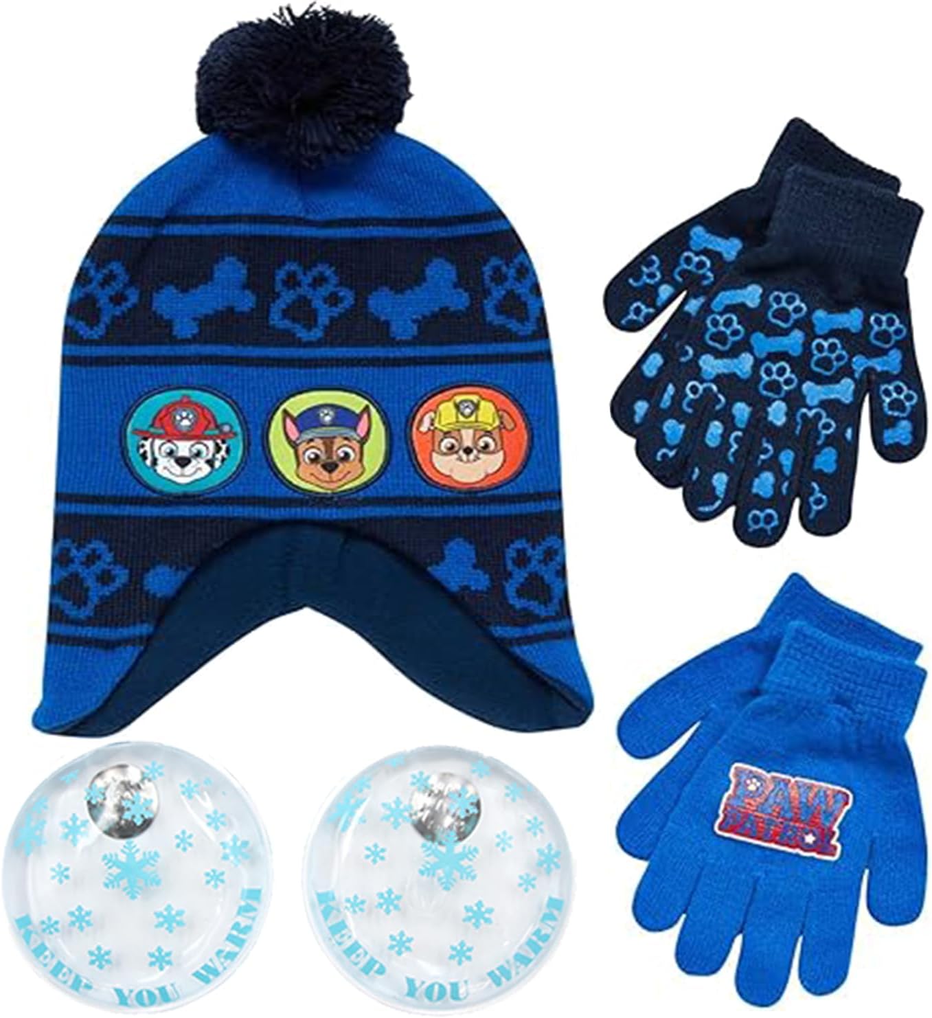 Nickelodeon Paw Patrol Boy's Winter Hat and 2 Pair of Gloves or Mittens Set (Toddler/Little Boys) Size Age 4-7, Paw Patrol Navy Blue Glove with Handwarmers