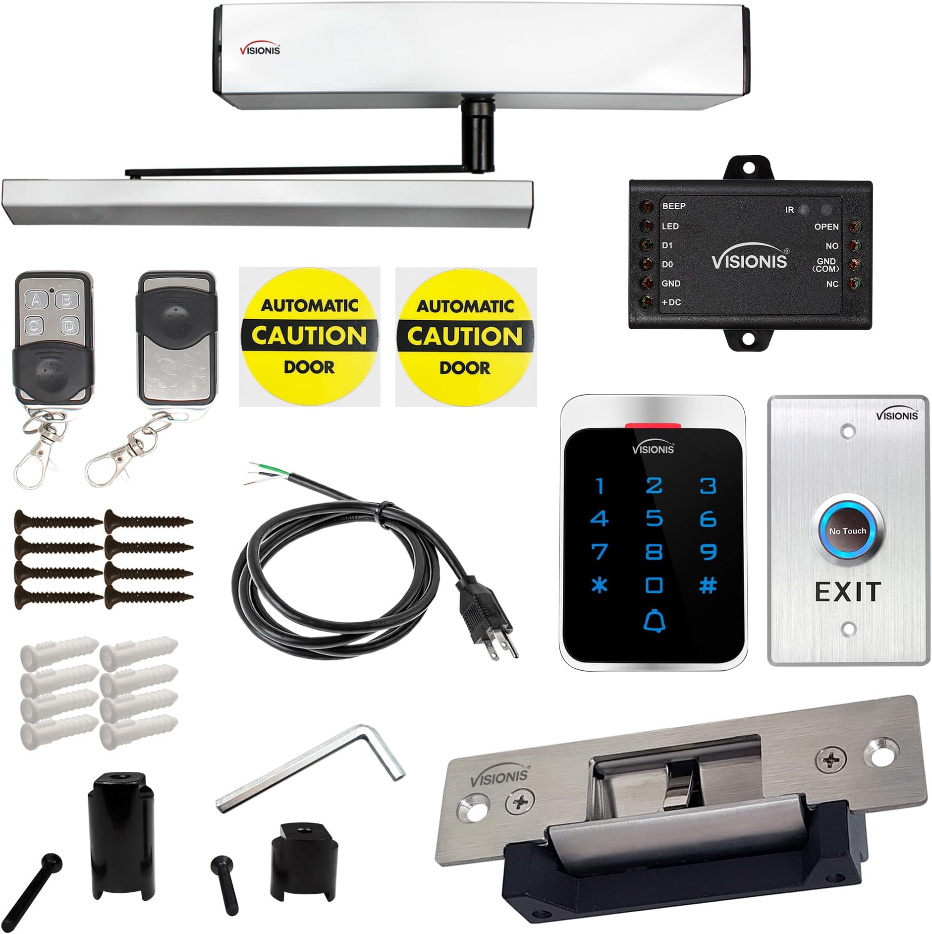 Visionis FPC-7360 Slim Electric Automatic Door Opener + Closer for 440lb in-Swing Doors + Electric Strike + No Touch Exit Button + Outdoor Keypad Reader Standalone with Mini Controller + Wiegand 26