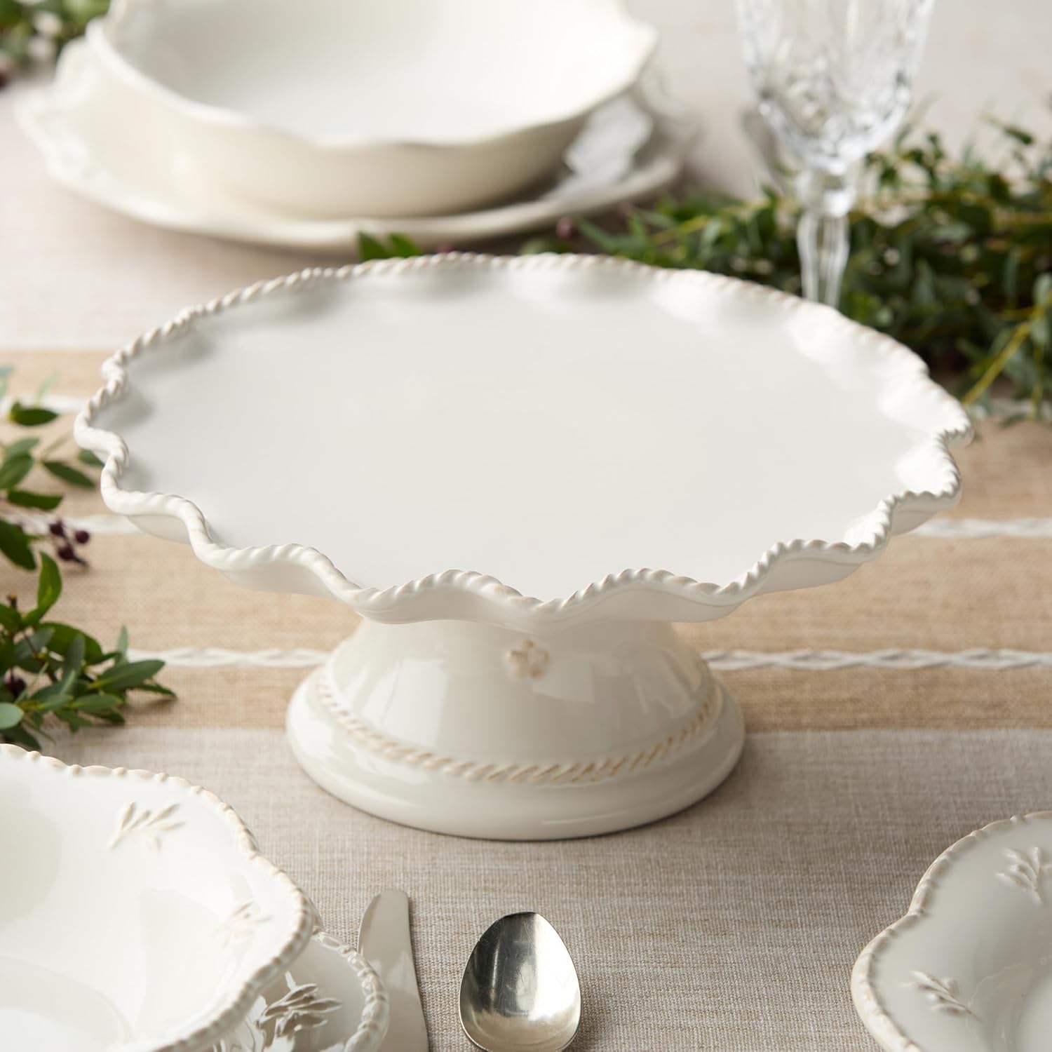 Heritage Scroll Footed Cake Plate – Elegant 11.5" x 4.75" Ivory Stoneware Pedestal Stand with Sculpted Rim – Display Cakes, Cupcakes, Pies & Pastries in Timeless Style