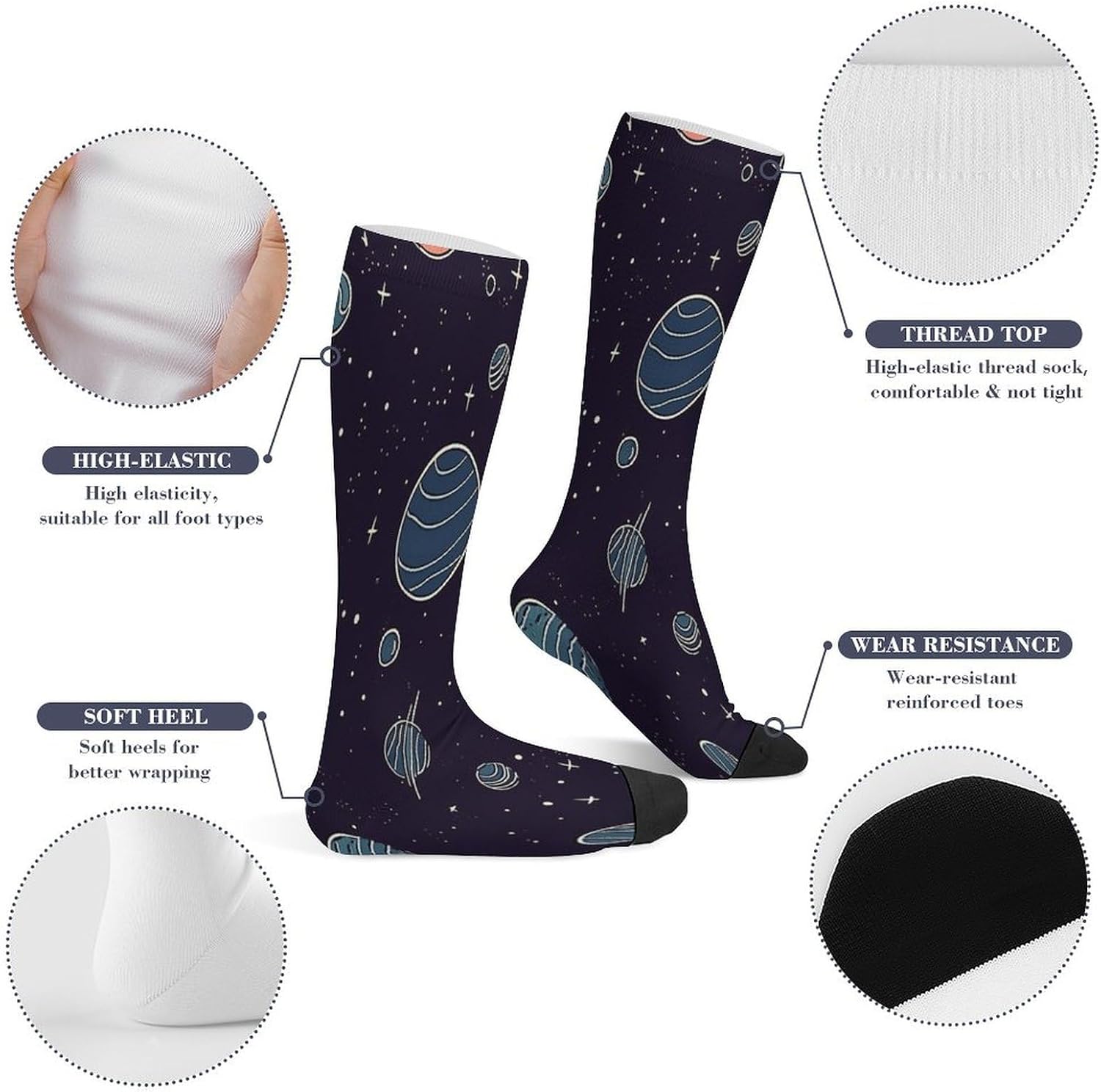 Space Planet Pattern Compression Sock Circulation Support Socks Lightweight Knee High Tube Sock Over-The-Calf Sock for Adult