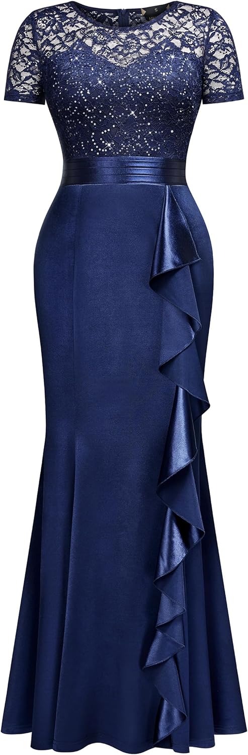 Miusol Women's Elegant Sequin Lace Contrast Ruffle Style Formal Evening Long Dress - Image 5