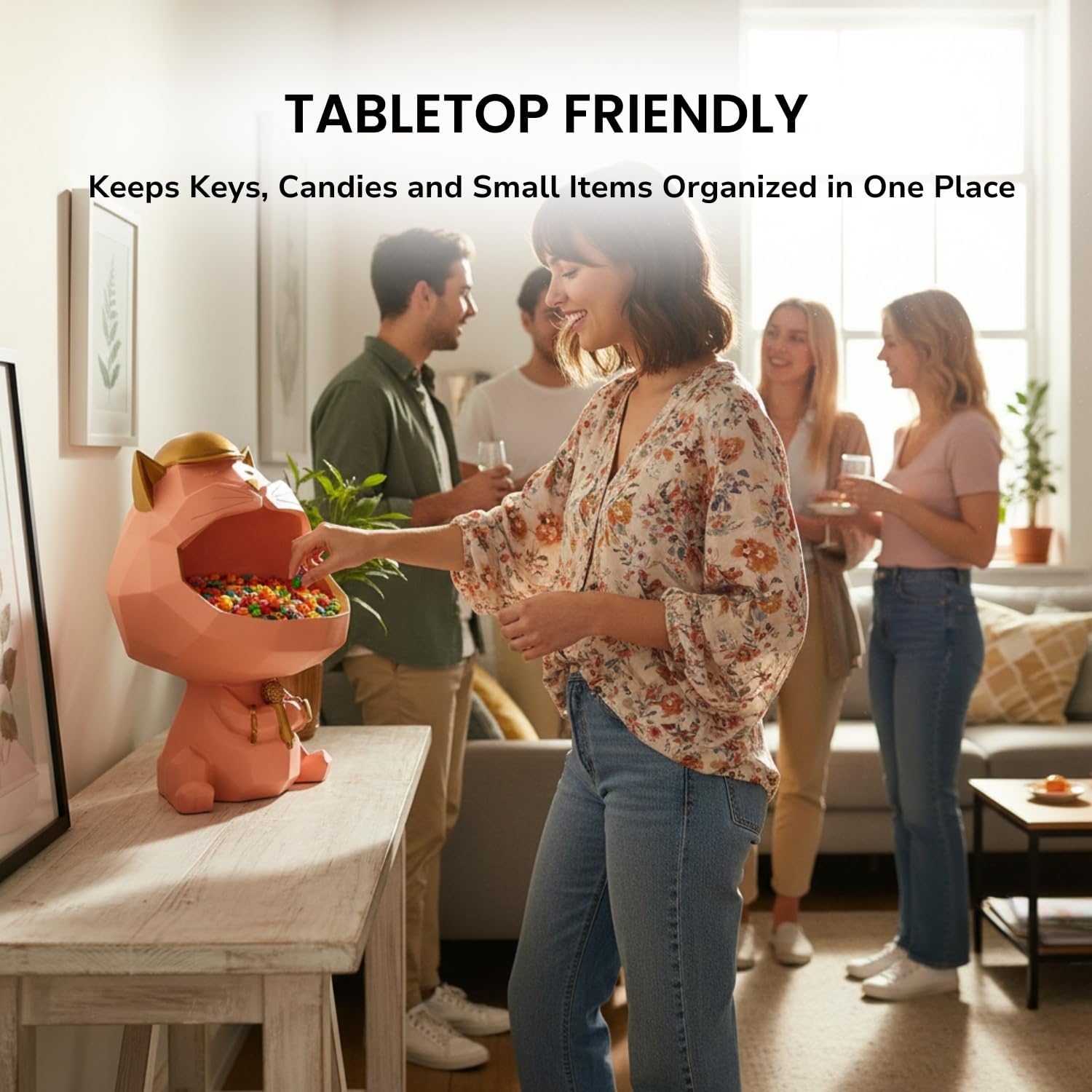 SMOKEY COCKTAIL Cat Candy Storage Statue for Home Decor | Perfect for Bowl, Keys Holder, Cat Lovers Valentines Day Gifting | Resin Modern Sculpture for Table, Office, Gift for Entryway Table (Pink)