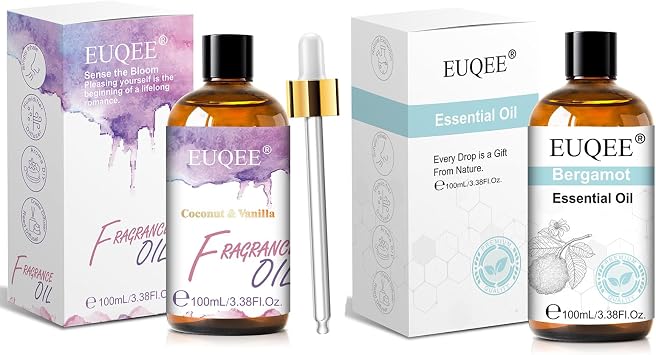 EUQEE Coconut & Vanilla Fragrance Oil & EUQEE 100ml Bergamot Essential Oil, for Home and Car, Yoga, Candle Making, DIY Soap with Glass Dropper