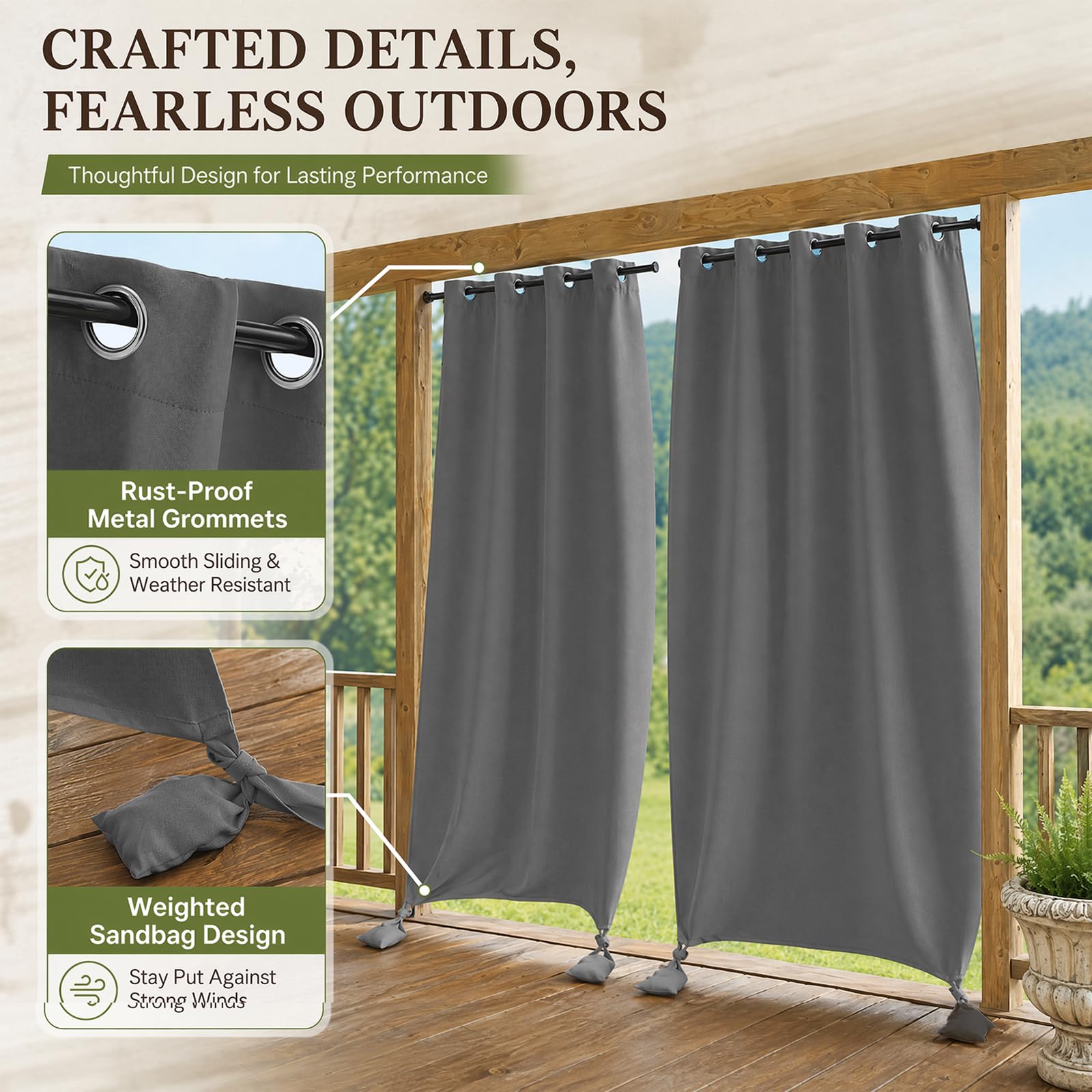 Outdoor Vorhang Wetterfest, Outdoorvorhänge mit Ösen und Gewichteten Säcken, für Pavillon Terrasse Pergola Balkon Garten, 2er Set, B 132 x H 243cm (Dunkelgrau)