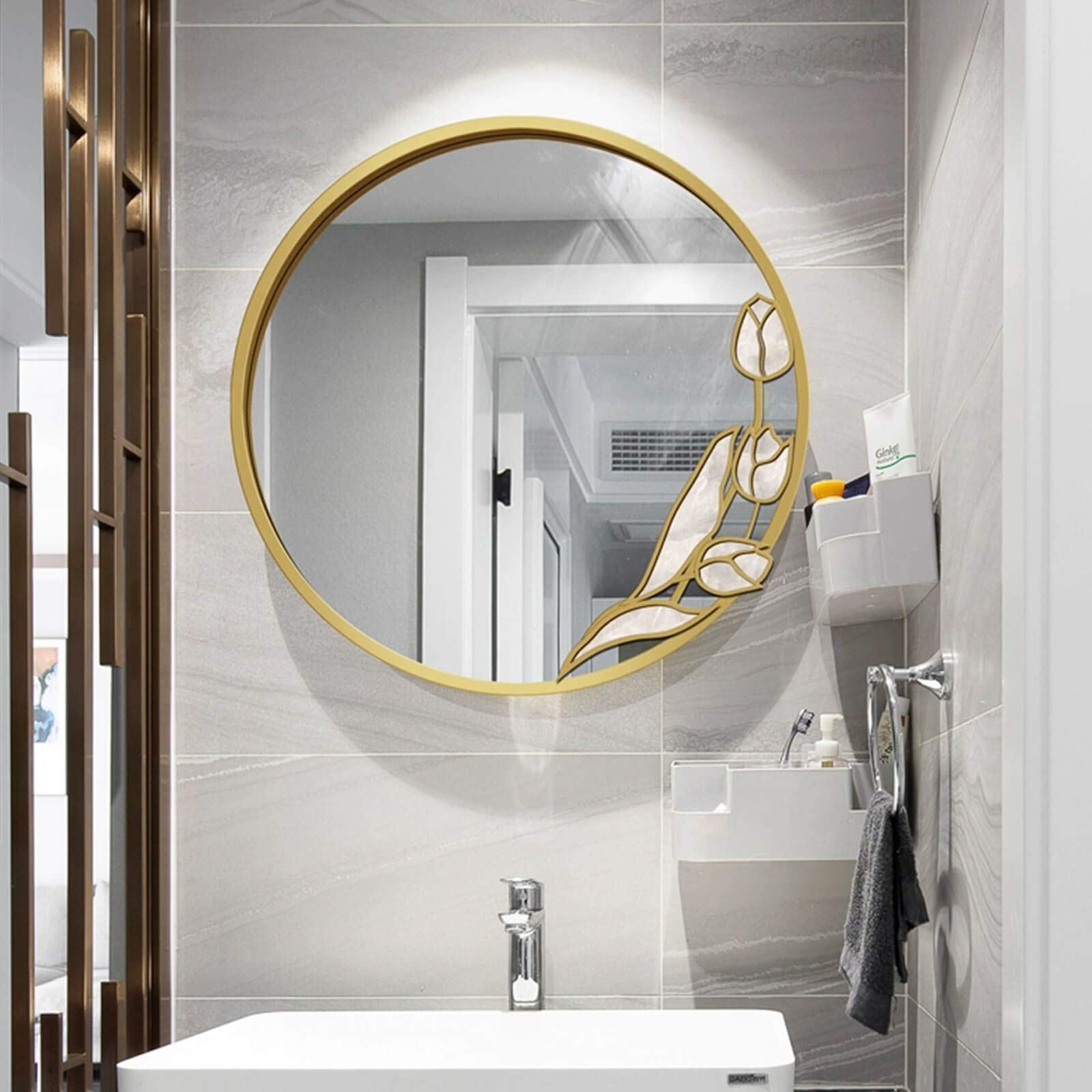 Specchio Espejo de baño moderno para sala de estar, espejo decorativo de pared redondo con marco de madera y diseño de flor de magnolia, espejo plateado antivaho de alta definición para dormitori