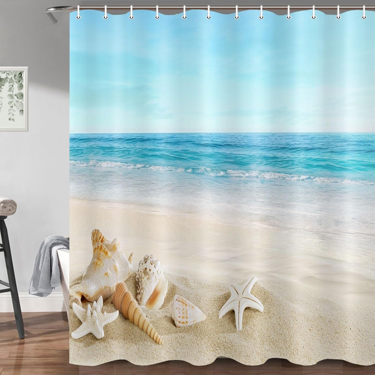 JAWO Beach Shower Curtain, Blue Shower Curtains for Bathroom, Tropical Ocean Waves Seashell Starfish Scene Long Shower Curtain Bathroom Decor, 69x84 Inches