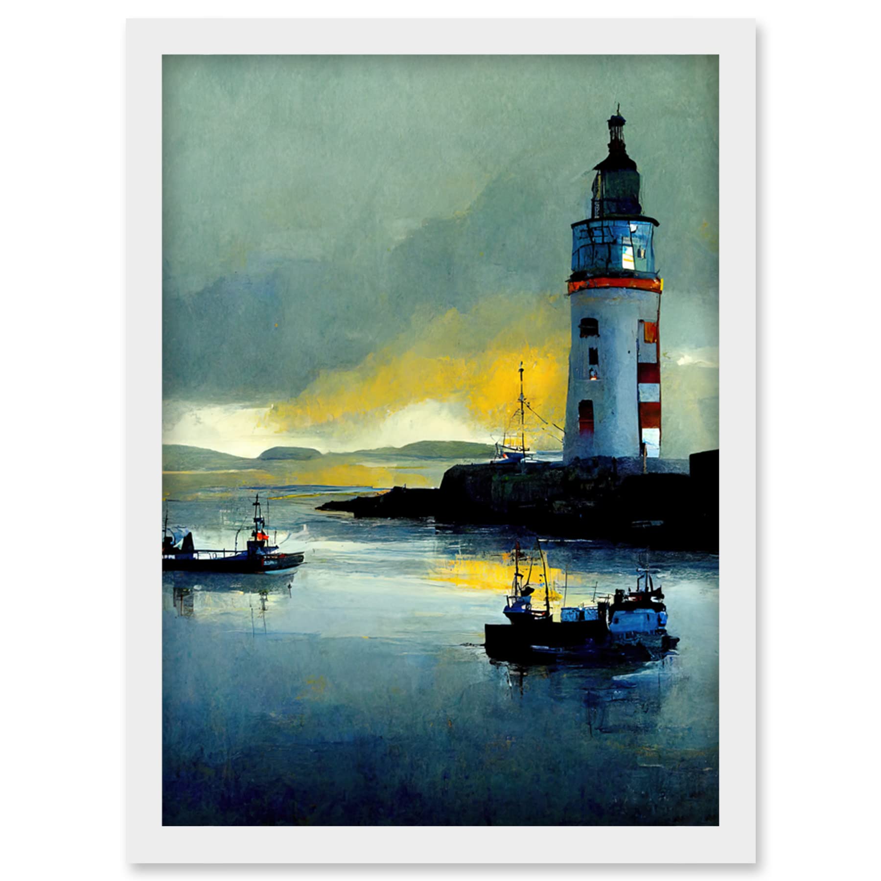 Doppelganger33 LTD Scottish Harbour Fishing Boats Lighthouse Modern Artwork Framed Wall Art Print A4
