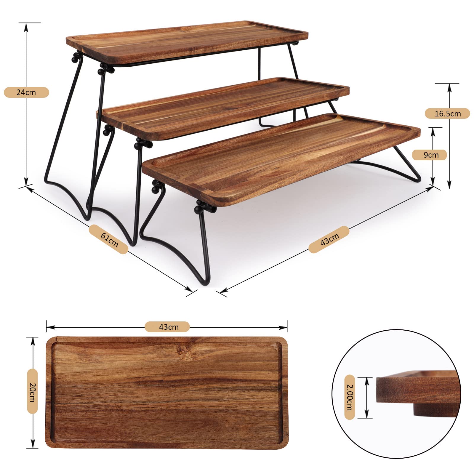 Altalena in legno a 3 ripiani per cupcake con piatto da portata pieghevole scaletta espositore per dessert, snack, frutta, torte, pane, centrotavola per feste, compleanni, matrimoni, baby shower (noce