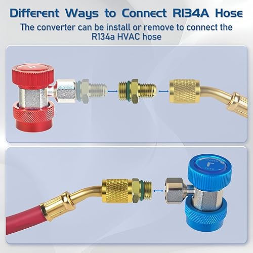 Miniatura 7 de Adaptador R134a Aire Acondicionado Adaptadores de Acoplador Rápido Ajustable Alta Baja AC Freón Manómetro Kit de conversión de manguera 14 SAE HVAC