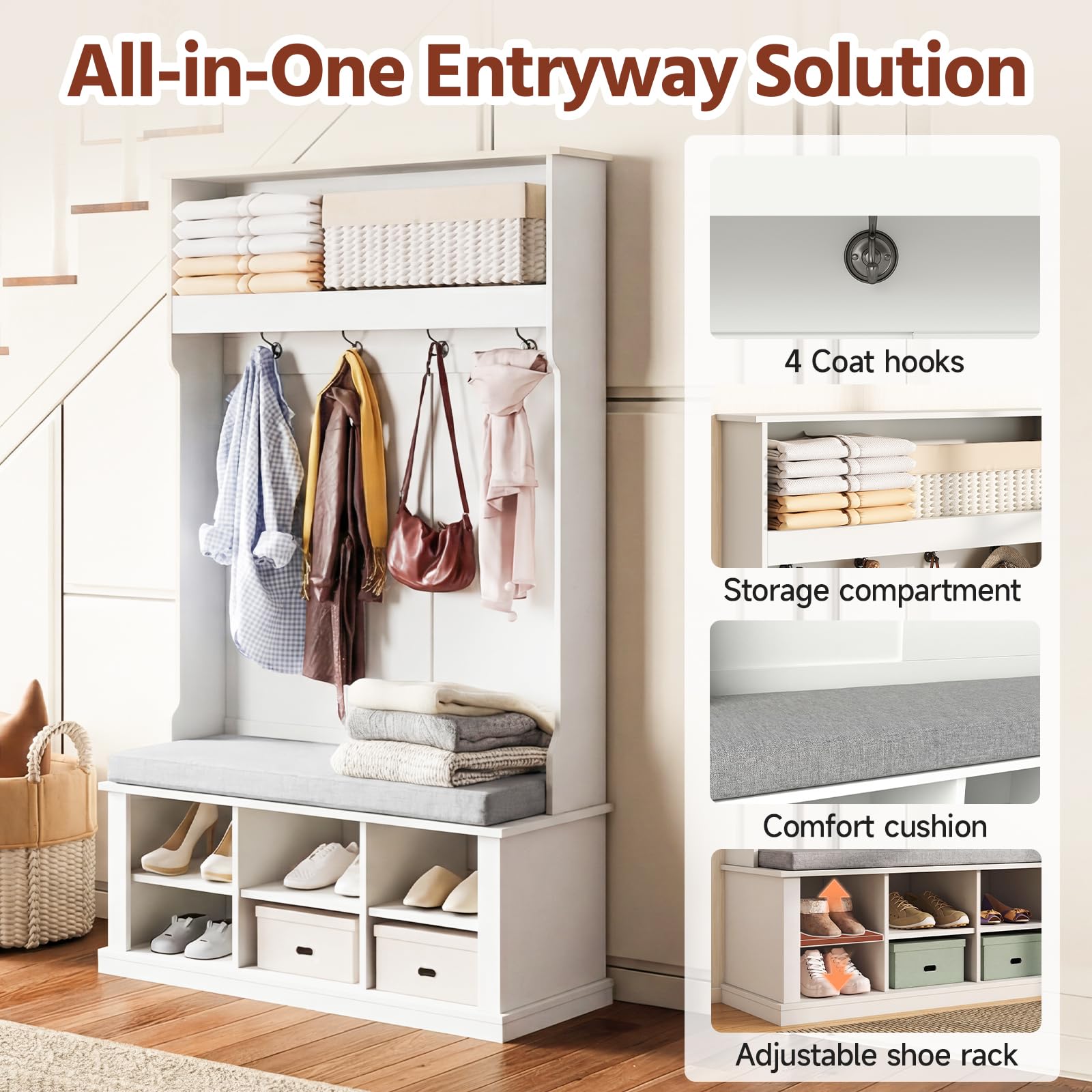 HAUSPROFI Flurgarderobe mit Sitzbank platzsparend 100×40×170 cm, 4 Haken + verstellbare Böden, stabile Spanplatte-MDF, graues Leinenkissen, für Diele, Flur & Wohnzimmer (Weiß)