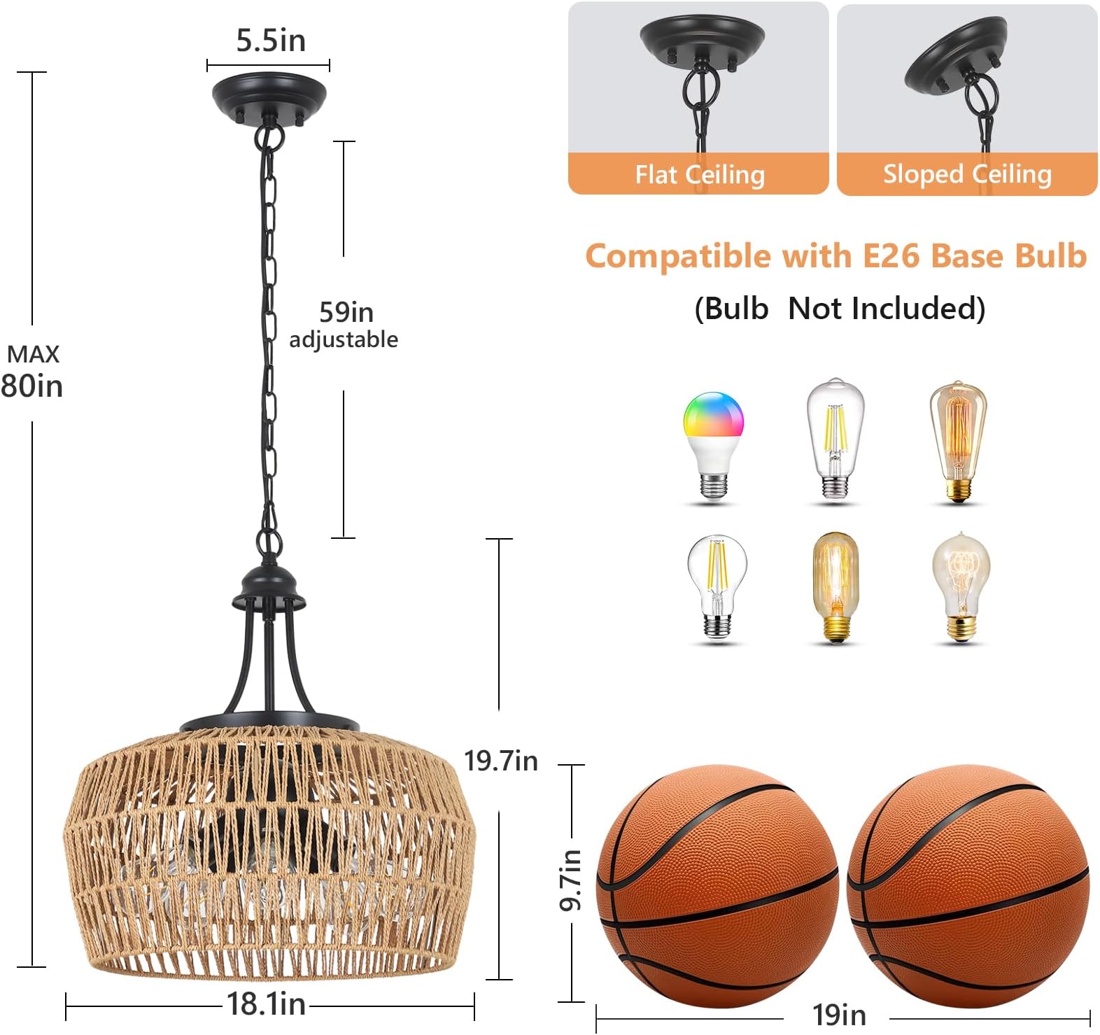 HMVPL Large Farmhouse Chandeliers for Dining Room, 5-Light Rattan Boho Chandelier Light Fixture with Wicker Lampshade, Coastal Hanging Pendant Lighting for Kitchen Island Bedroom Living Room Nursery