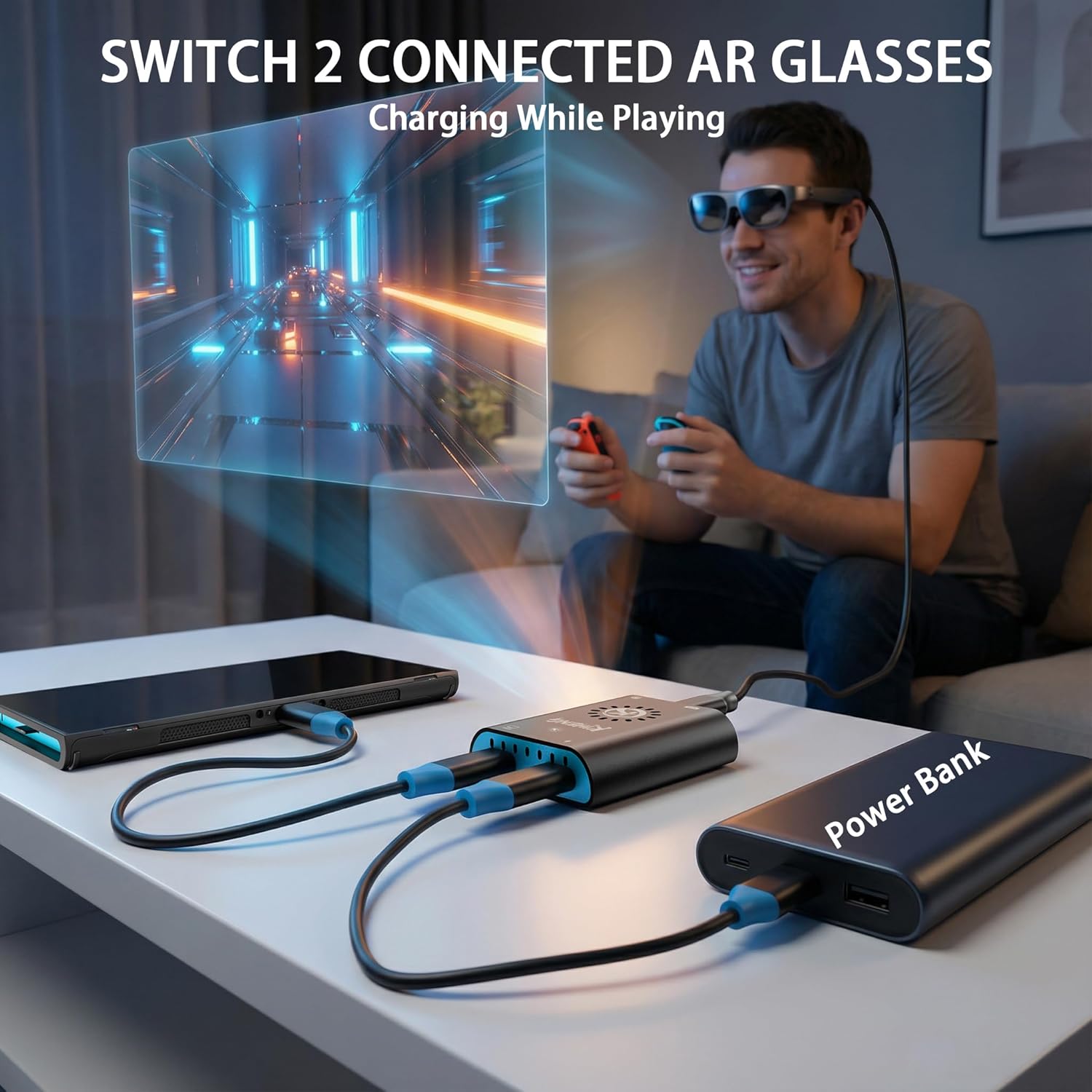 USB C to HDMI and USB C Dual-Display Adapter Power to Xreal/Viture/RayNeo AR Glasses or HDMI/Type C Monitors While Charging for Steam Deck, ROG Ally, Switch, Compatible 4K 144Hz|Built-in Cooling Fan