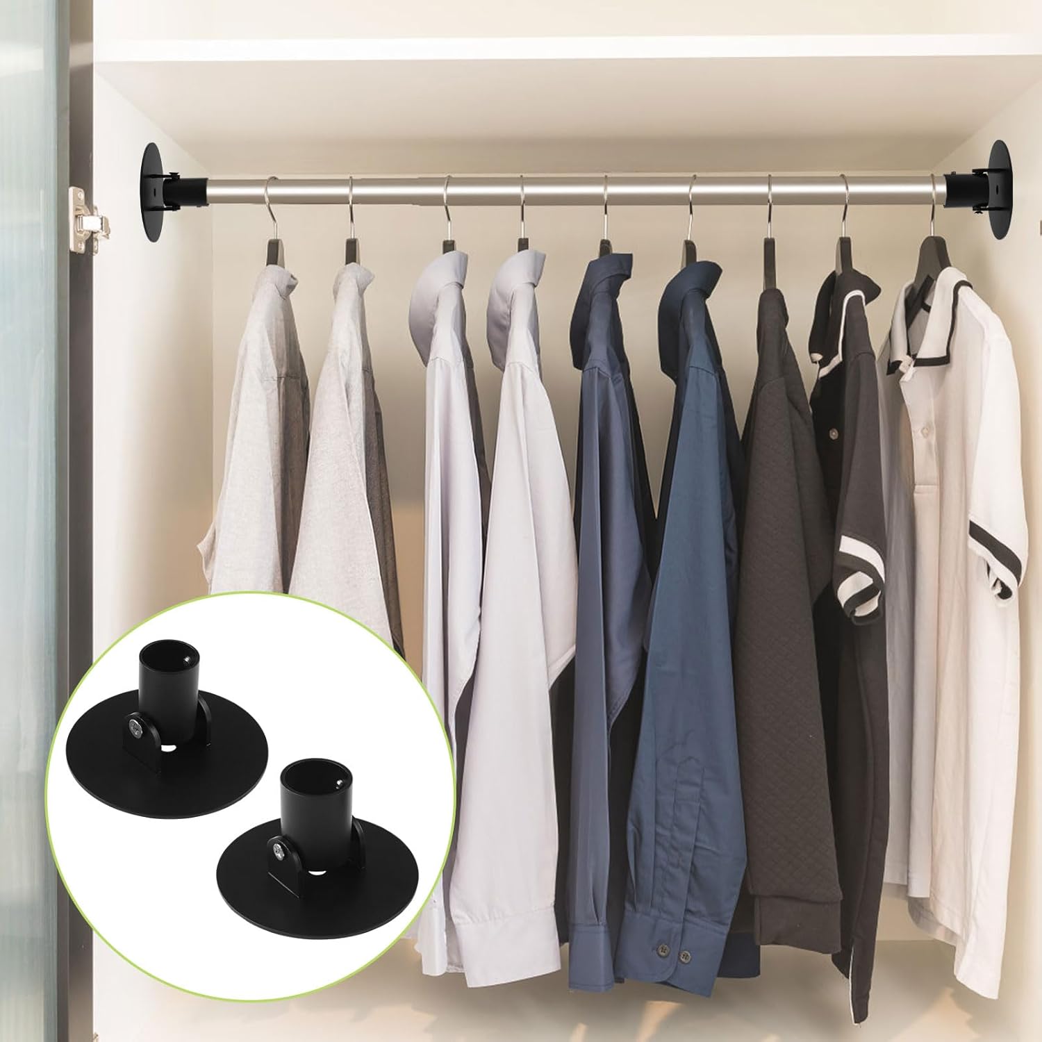 Adjustable Shower Curtain Rod Bracket, 2Pcs Different Sizes Titanium Steel Single Swivel Flange Heavy Duty Closet Rod Holder with Screws (Black, Inner Dia. 22mm & 26mm)