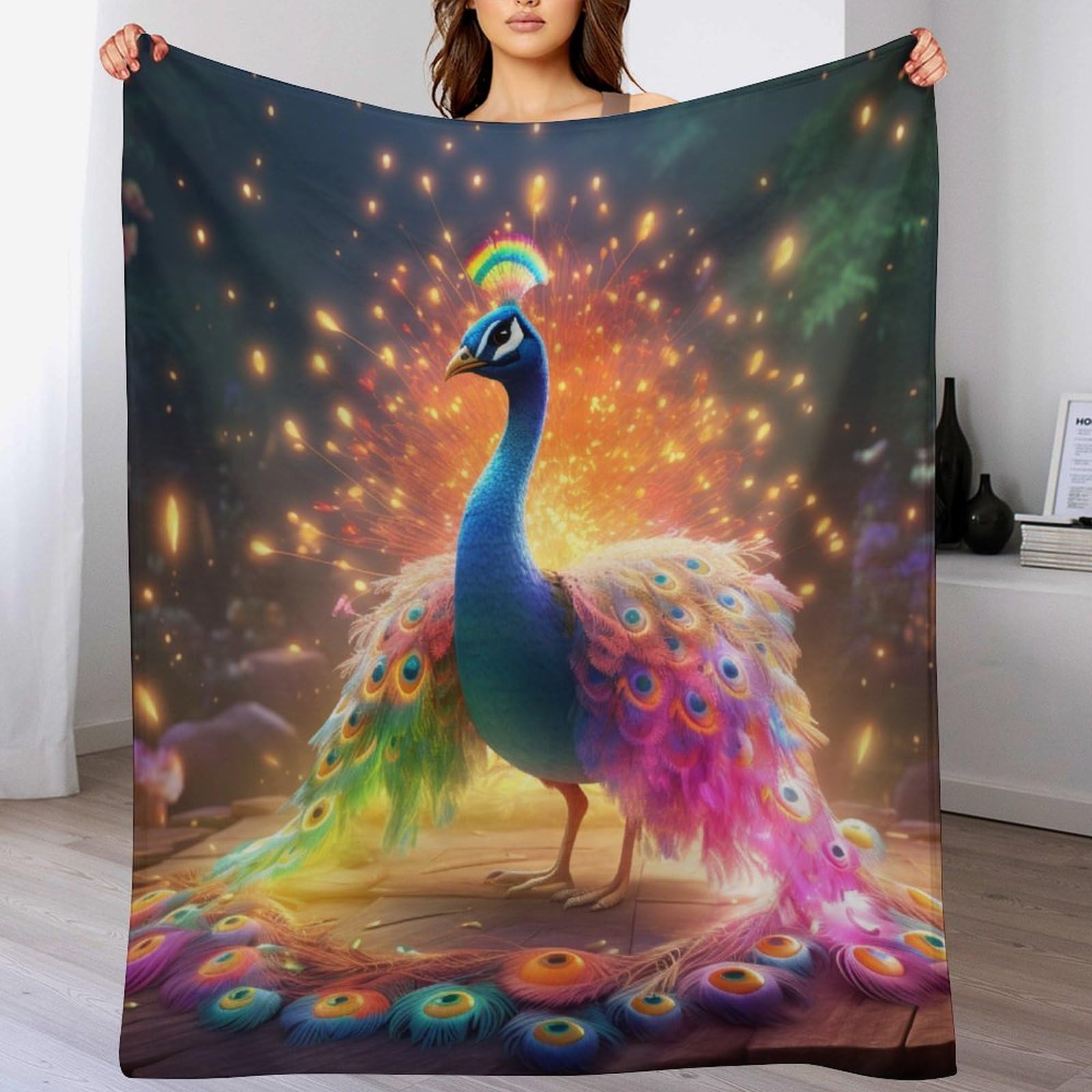 Manta de pavo real de forro polar y franela para sofá o cama de 130 x 150 cm