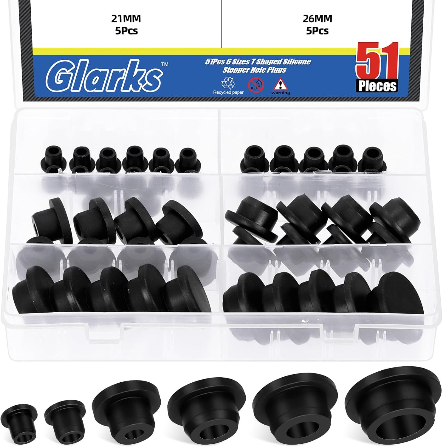 Glarks 51pcs 6 Sizes Hollow Silicone Hole Plug Set, Black High Temp Silicone Plug, T Shaped Stopper Hole Plug, Round Hole Flexible Stopper for Wire Cable, Hole Plugs, Automotive, Water Pipe
