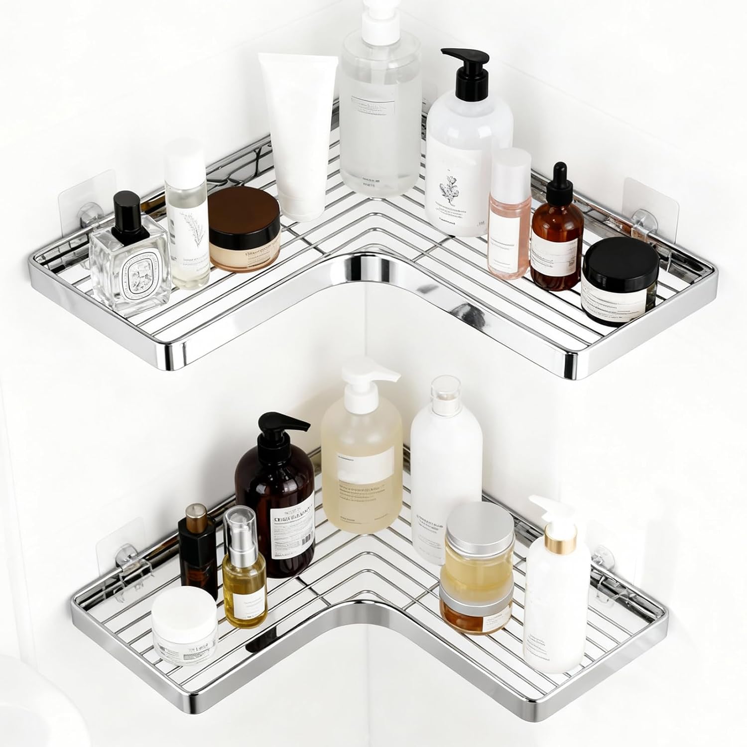 Shower Shelf No Drilling Corner, Pack of 2 Corner Shelves Bathroom Rustproof with 4 Adhesive Strips, Corner Shelf Shower Stainless Steel Quick Drain, Bathroom Shelf for Storage Shampoo and Shower Gel