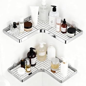 Shower Shelf No Drilling Corner, Pack of 2 Corner Shelves, Shower No Drilling with 4 Adhesive Strips, Corner Shelf Shower, Stainless Steel, Quick Drain, Bathroom Shelf for Storage, Shampoo and