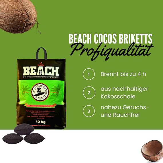 Beach Premium Coconut Grill Briquettes - Coconut Charcoal for Dutch Oven BBQ & Smoker - High Quality Charcoal & Charcoal Briquettes - Long Burning Time & High Heat (10 kg)