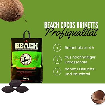 Beach Premium Coconut Grill Briquettes - Coconut Charcoal for Dutch Oven BBQ & Smoker - High Quality Charcoal & Charcoal Briquettes - Long Burning Time & High Heat (10 kg)