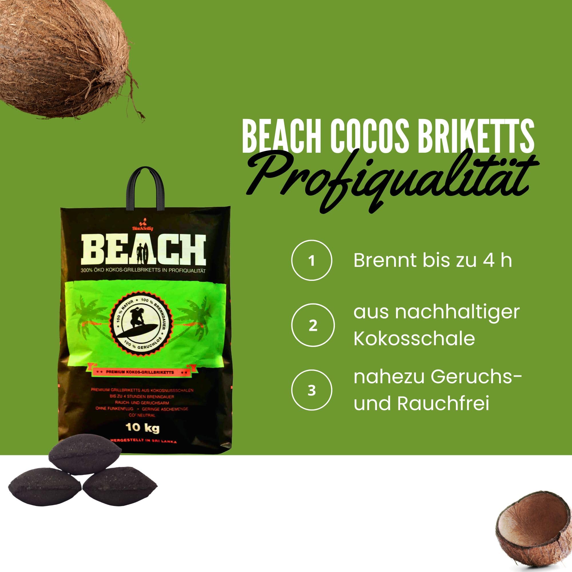 Beach Premium Kokos Grillbriketts – Cocos Holzkohle für Dutch Oven, BBQ & Smoker – Hochwertige Grillkohle & Holzkohlebriketts – Lange Brenndauer & Hohe Hitze (20kg)