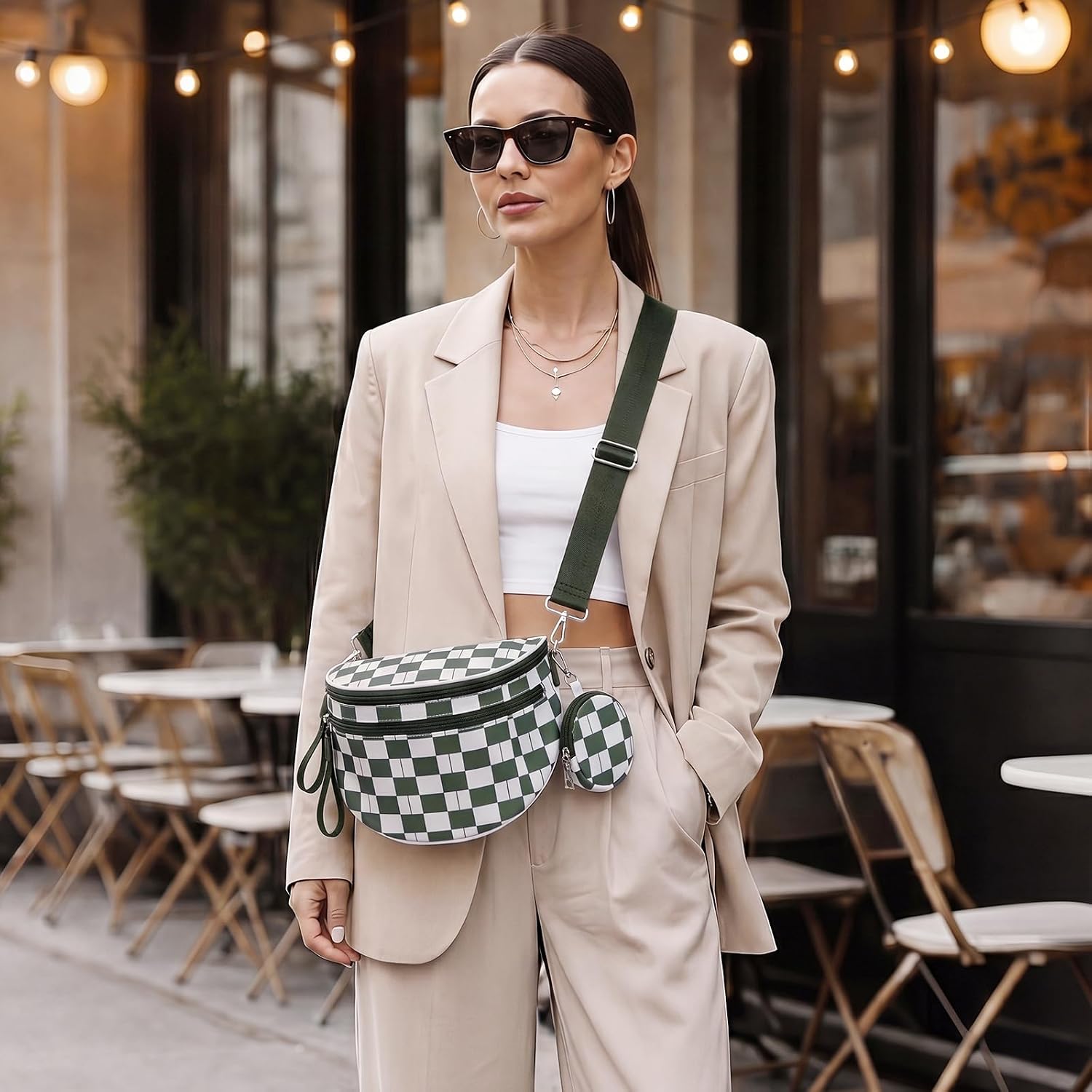G4Free Checkered Crossbody Bum Bag for Women, Green Checkered image 2