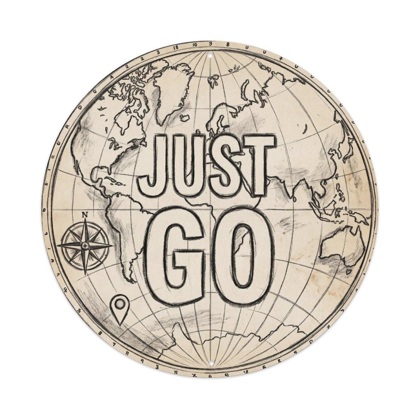Vintage World Map with Compass Just Go Blaze Metal Tin Sign