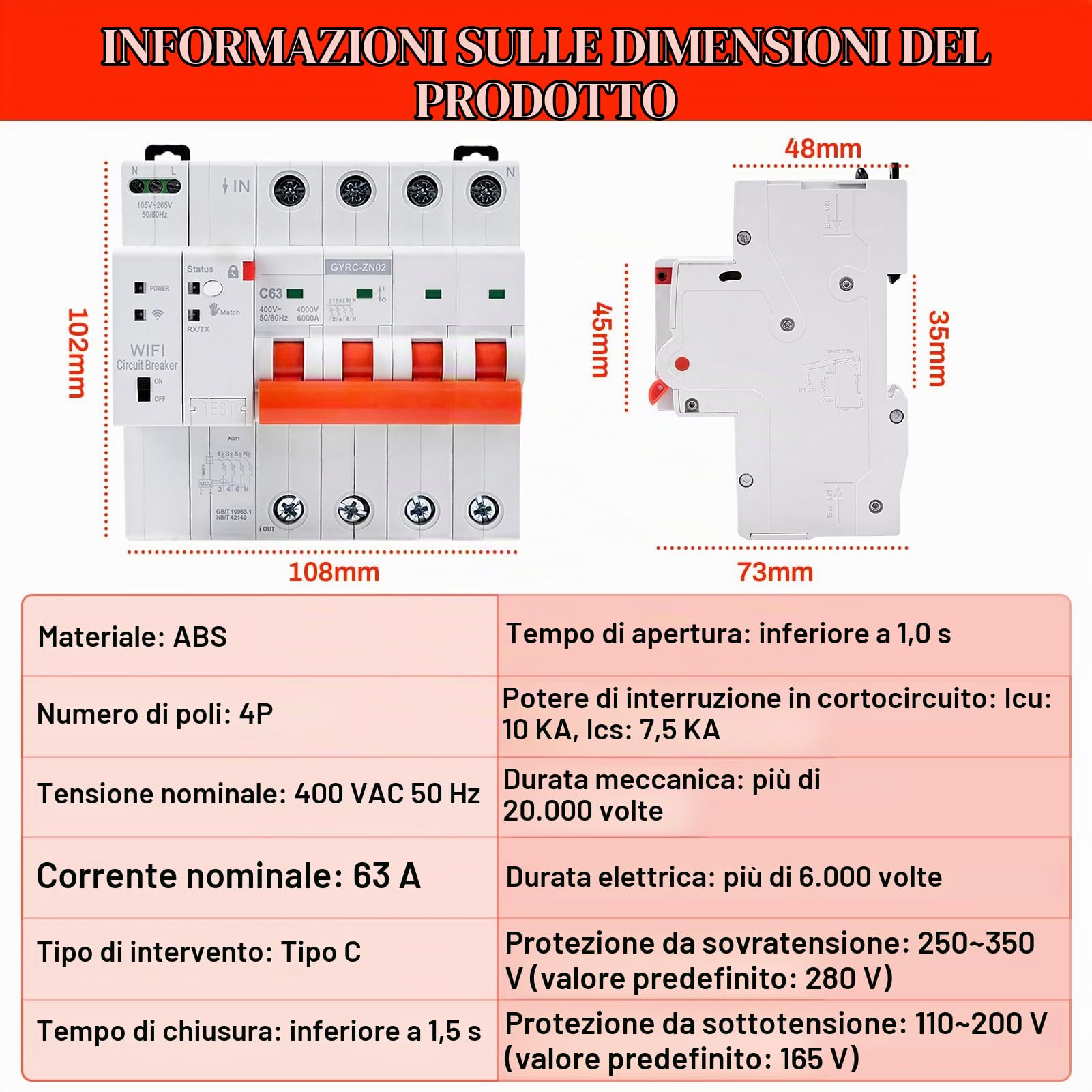 Jadeshay Interruttore Magnetotermico 63A WiFi Salvavita con Riarmo Automatico WiFi Controllo Remoto Tramite APP Tuya sul Cellulare con Timer Protezione Sovratensione Sottotensione e Sovraccarico