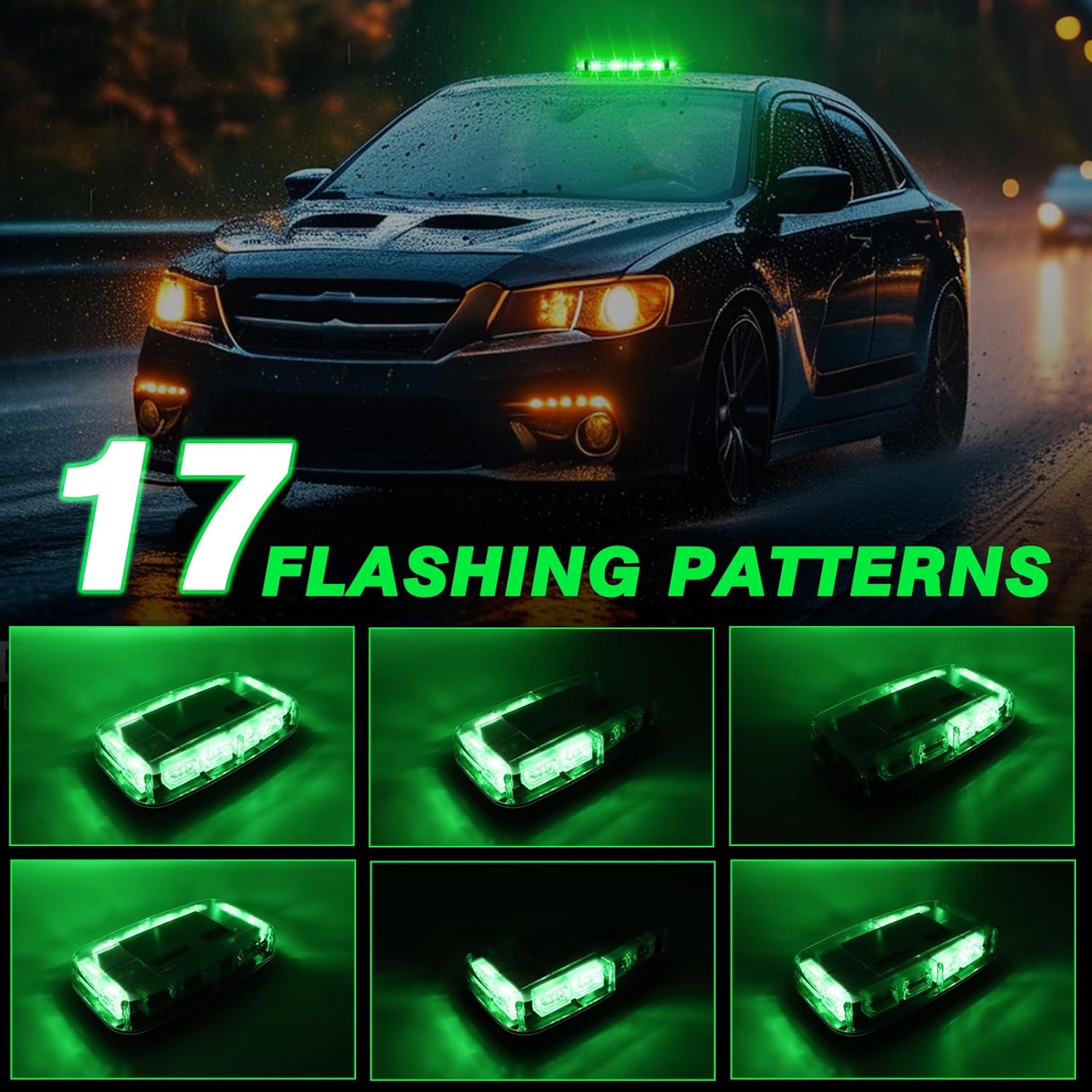Rechargeable Emergency Roof Top Strobe Light Wireless Battery, 48LED 17 Flashing Modes,High Low Brightness,Hazard Traffic Lights w/Magnetic Base, Remote Control for Construction Vehicles (Green)