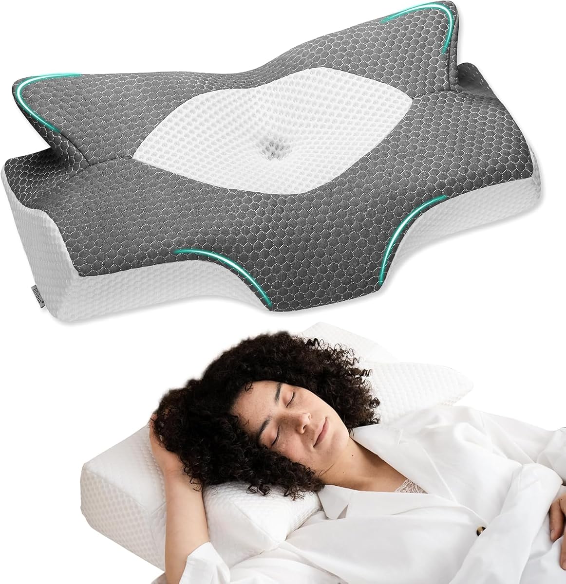 Elviros Almohadas cervicales de espuma viscoelástica para aliviar el dolor de cuello, firmeza media | Almohada ortopédica ergonómica para dormir boca arriba y boca abajo, almohada para el cuello para dormir, almohada para dormir de lado para adultos