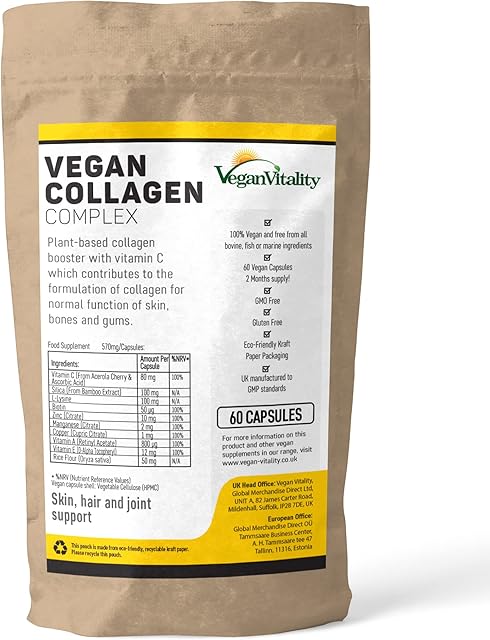 Vegan Collagen Supplement For Skin, Hair, Nails, Joints & Bones with Biotin, Lysine, Bamboo Silica, Zinc, Vitamin C, E & A. 2 Months Supply. Collagen For Vegans and Vegetarians