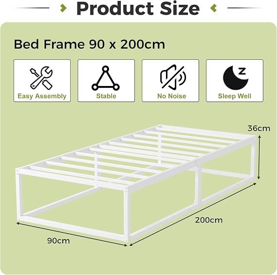 EMODA Metal Bed Frame 90 x 200cm with Steel Slats Support, White
