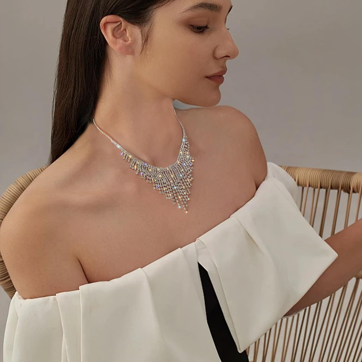 Sexy Rhinestone Choker Necklace for Women Silver Tennis Chain Neck Sparkly Long Tassel Crystal Chain Dainty Party Prom Necklace Wedding Jewelry - Image 3