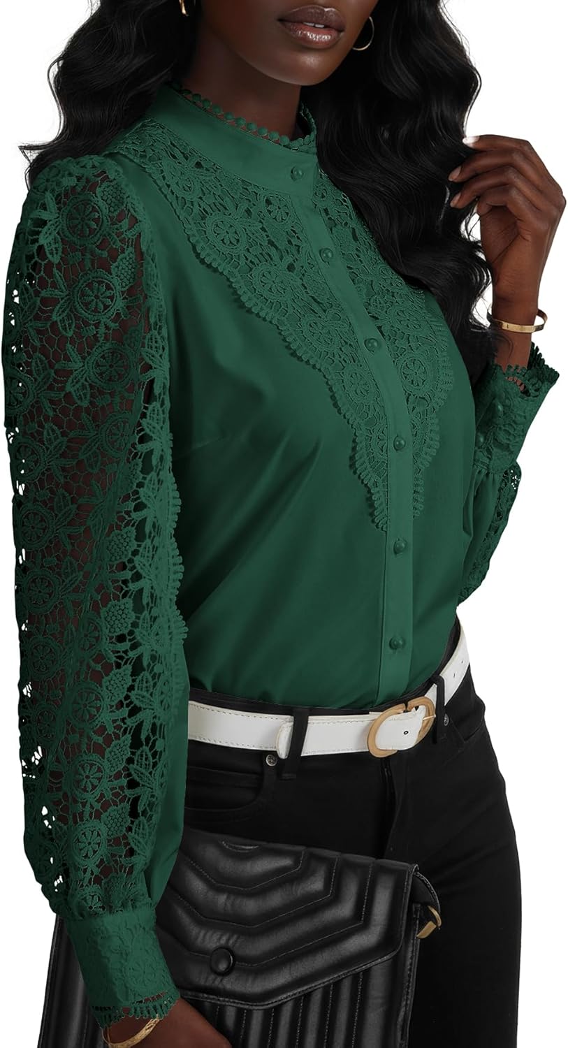 Rooscier Women's Lace Elegant Dressy Blouse Mock Neck Long Sleeve Button Down Work Business Crochet Shirt Top