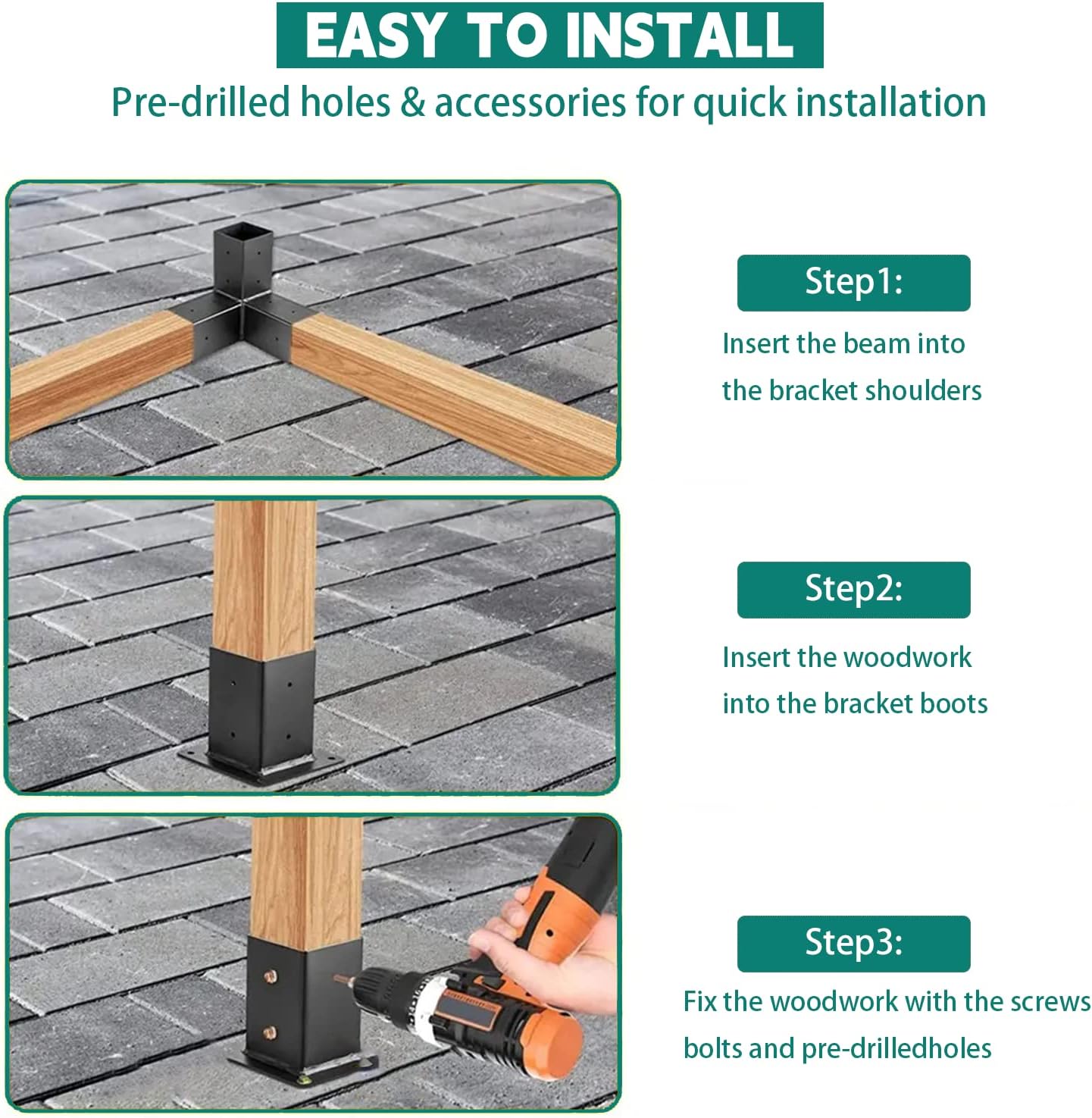 Pergola Bracket Kit, 6x6 Powder-Coated Carbon Steel Post Bracket, Right Angle Woodworks Pergola Kit, Thickened Plate Outdoor Pergola Hardware Kit, 4 Bracket Shoulders 4 Boots Includes Screws