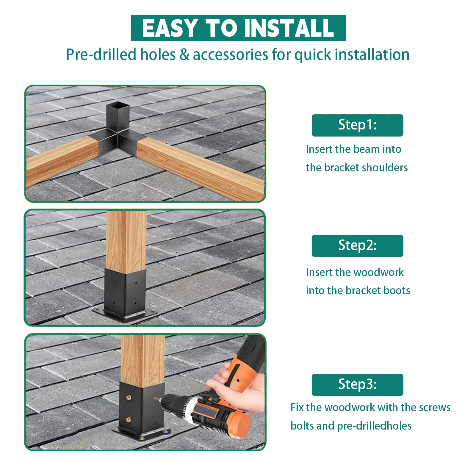 Kit de soporte para pérgola, soporte de poste de acero al carbono recubierto de polvo de 6 x 6, kit de pérgola de carpintería en ángulo recto, kit de herramientas de pérgola de placa gruesa para