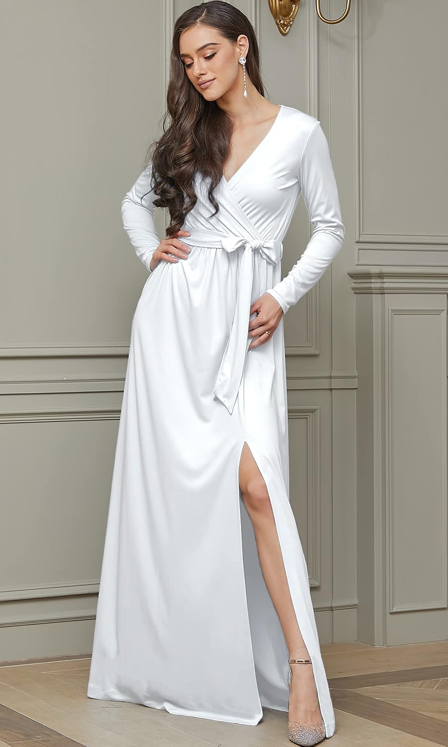 KOH KOH Womens Long Sleeve V-Neck High Slit Cocktail Evening Gown Maxi Dress - Image 3