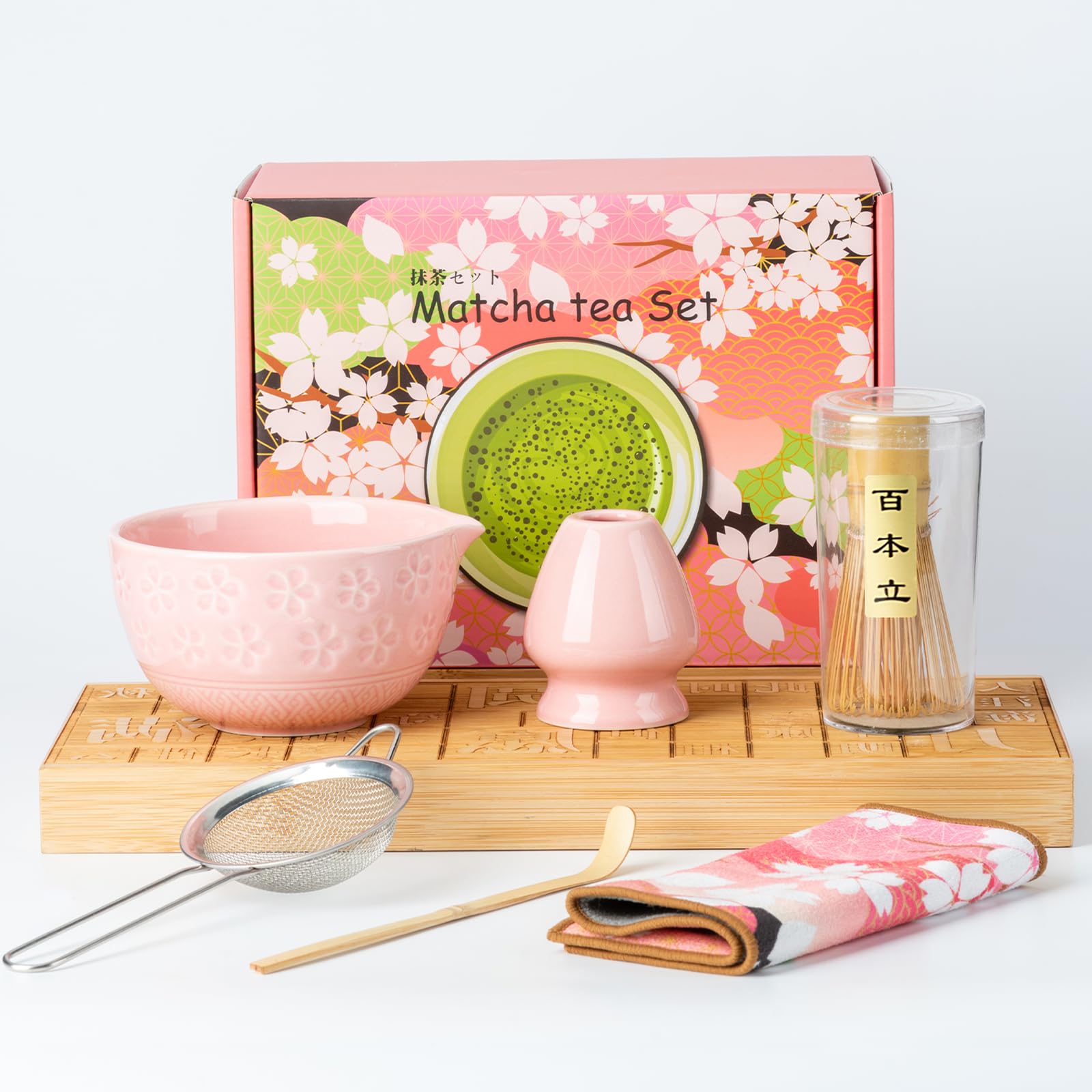 Fouet à matcha rose en céramique avec bol et bec verseur pour latte | Kit complet 6 pièces