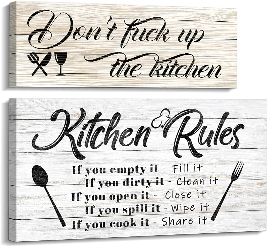 Pinetree Art Farmhouse Kitchen Rules Canvas Wall Decor - Funny Inspirational Quote, Modern Rustic Design (8x16 Inch, Set-w&y-s)